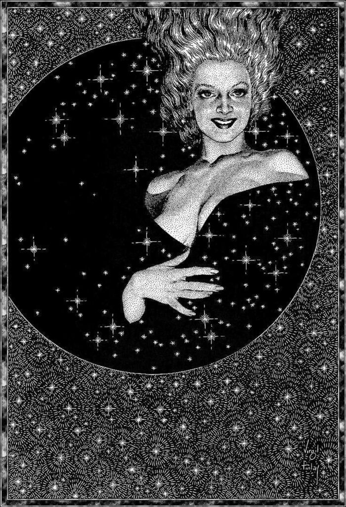 virgil finlay black and white illustration of a woman with star background