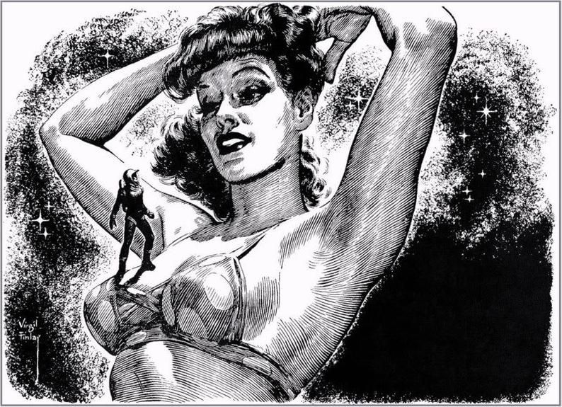 virgil finlay ink art of a giant woman