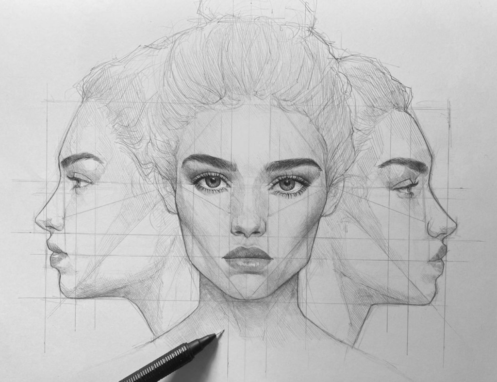efrain malo pencil sketch portrait face from three angles