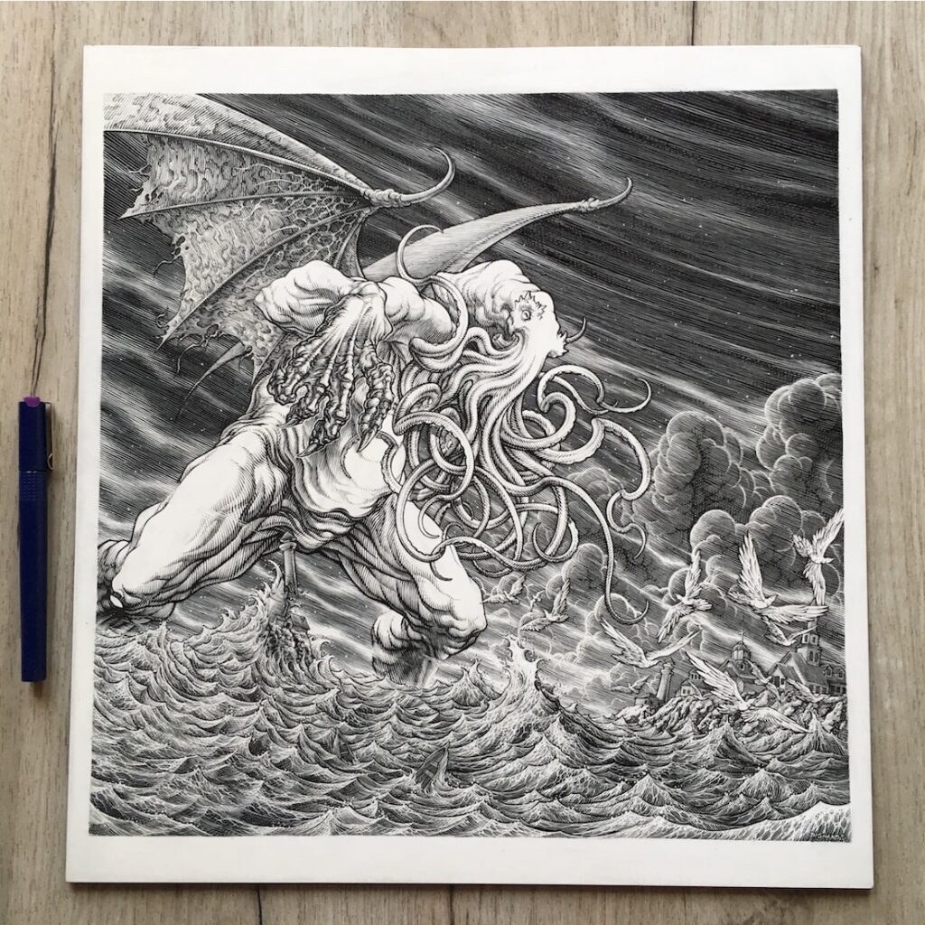 cthulhu scratchboard black and white art