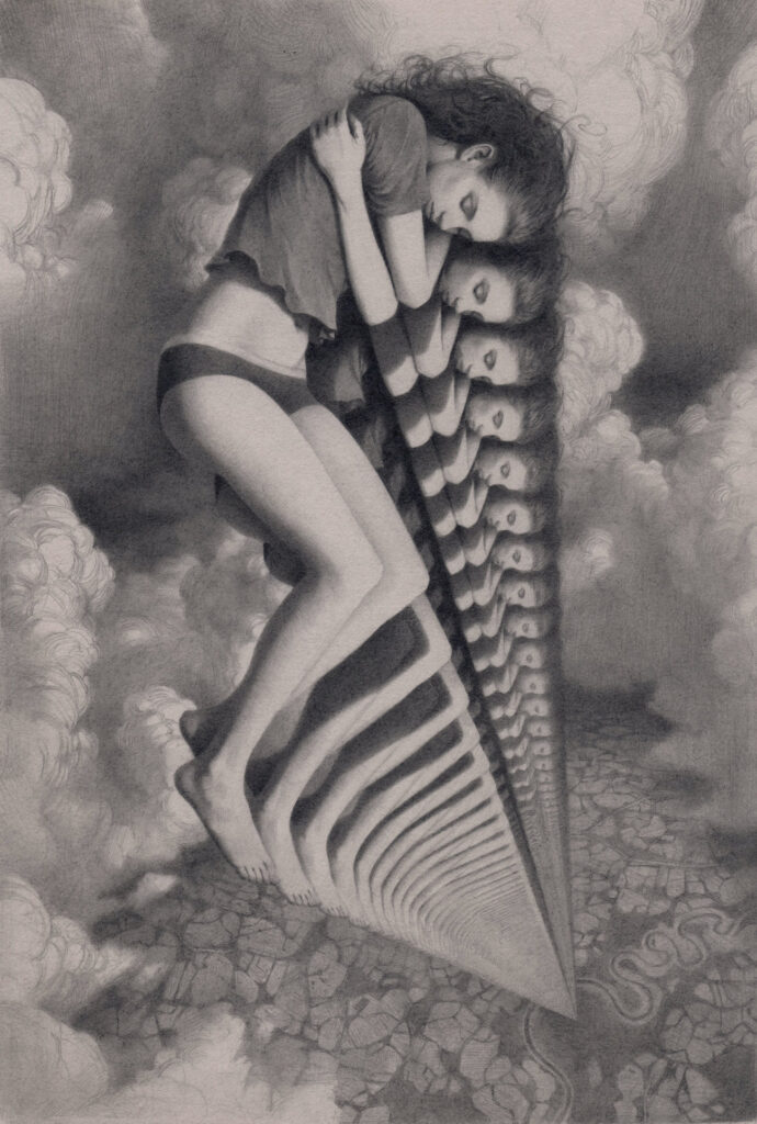 miles johnston surreal pencil art of woman falling through sky