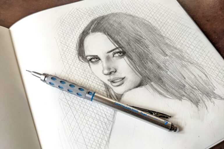 female sketched portrait using pentel graphgear 1000 pencil