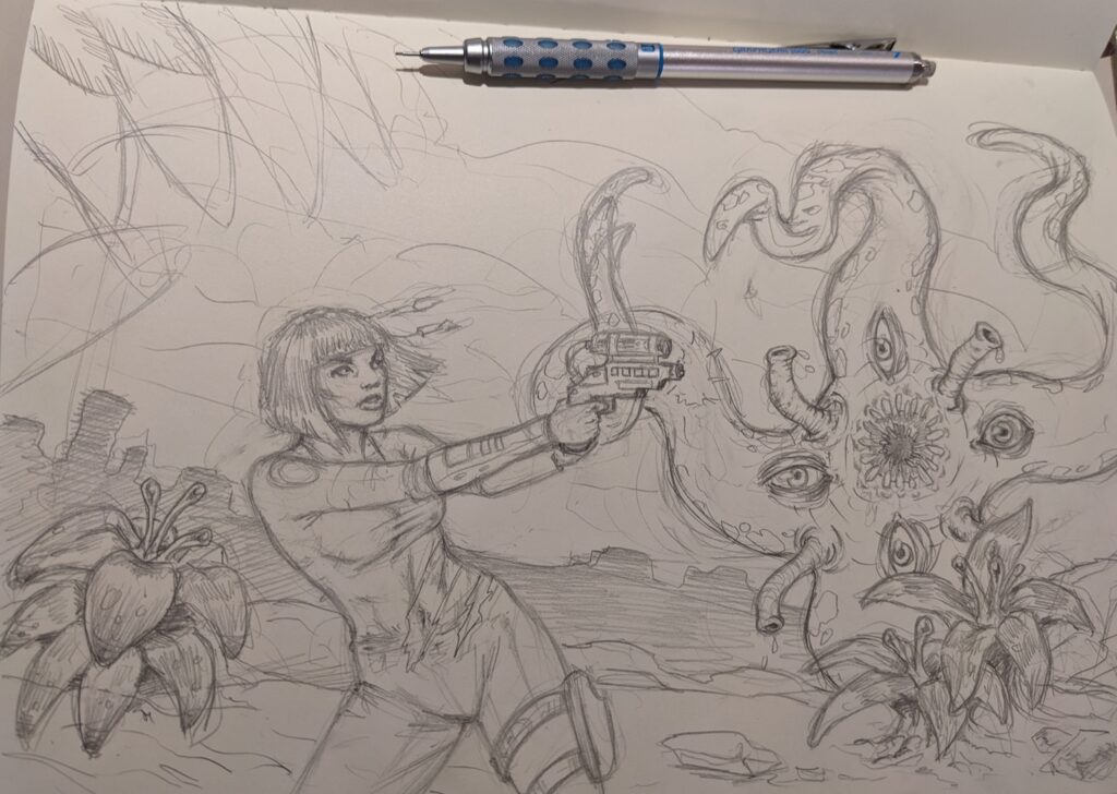alien girl fighting tentacle monster sketch art
