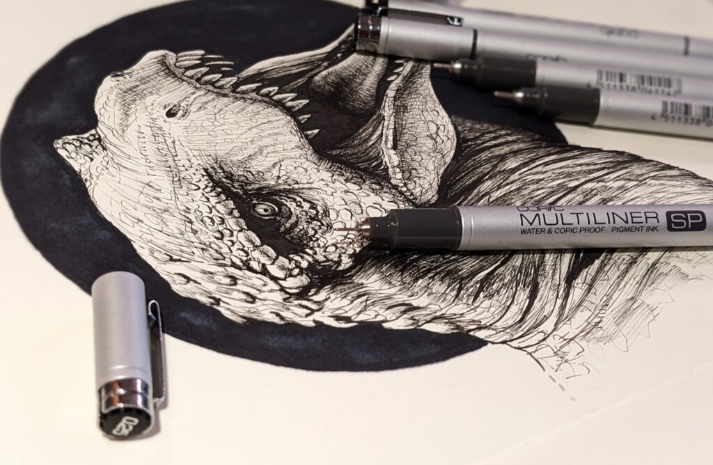 https://megapencil.co/wp-content/uploads/2023/02/copic-multiliner-pen-review-ink-drawing-of-dinosaur9-1024x668.jpg