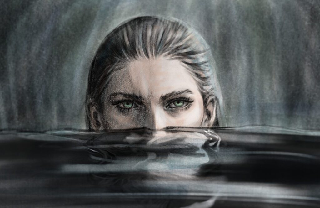 digital sketch of woman's face coming out of water drawn with huion tablet