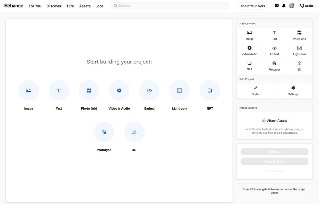 opciones de publicación de behance